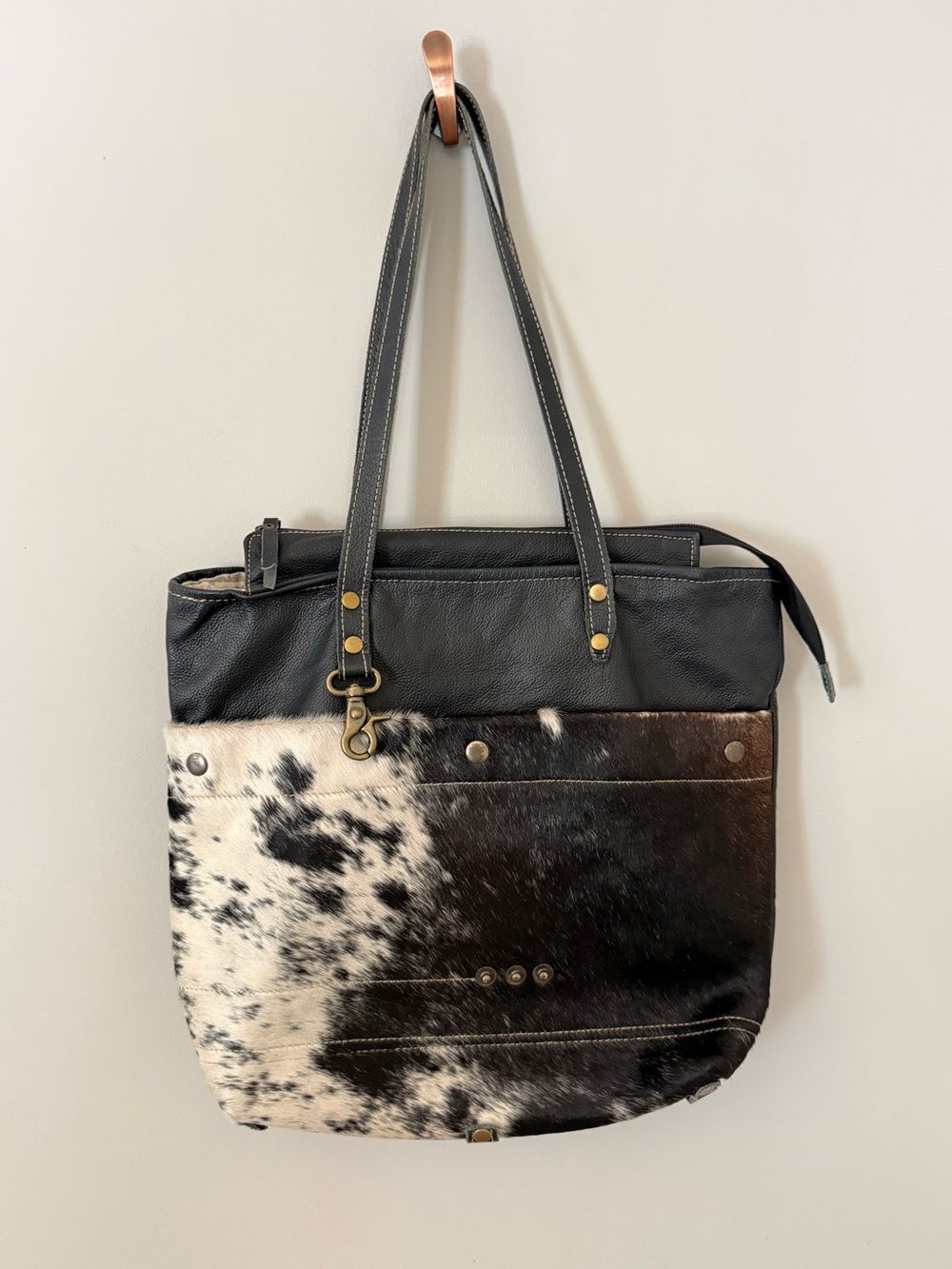 Stunning Myra Bag western black leather and hair-on cowhide tote purse.